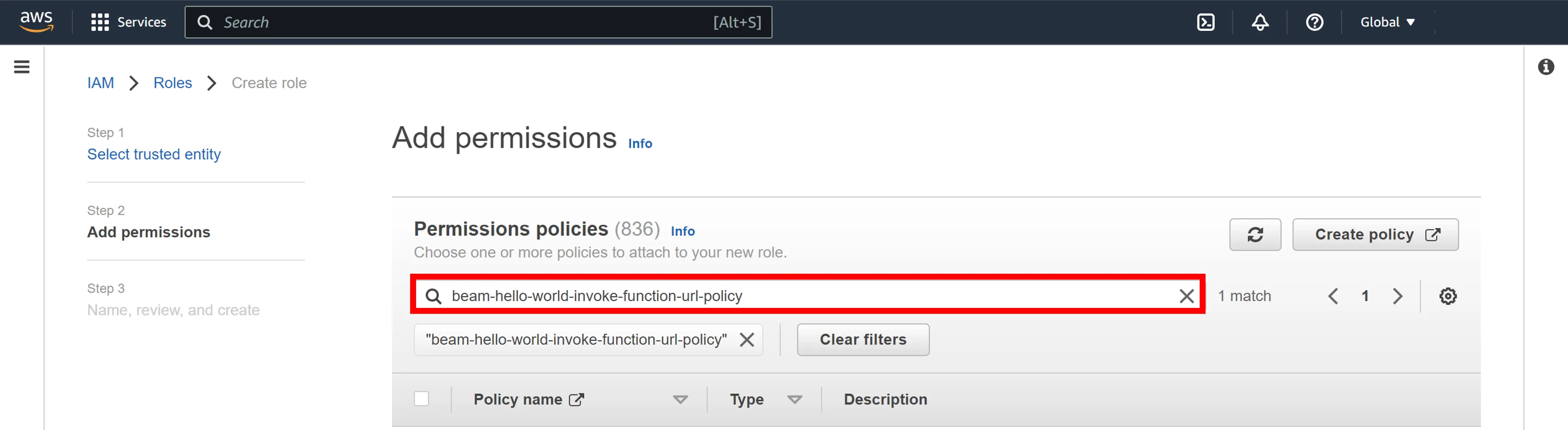 Reload and Select Created Policy